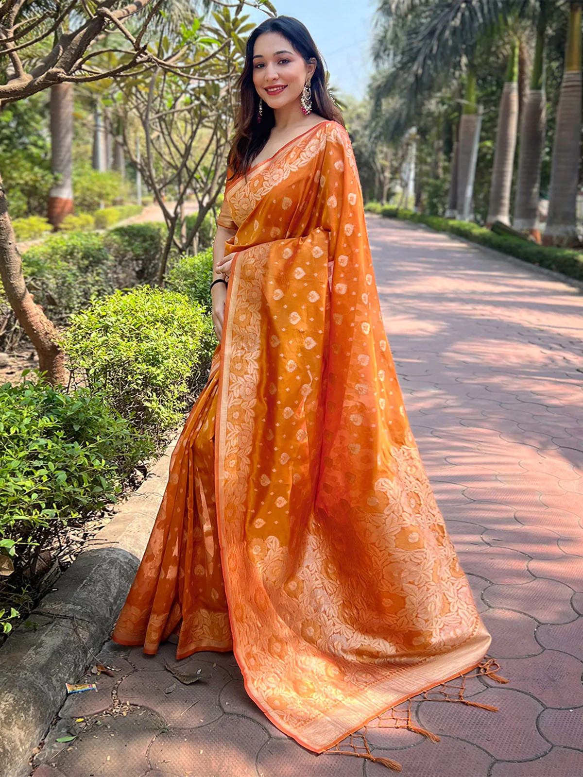 Odette Orange Woven Design Organza Saree With Unstitched Blouse For Women - Image 2