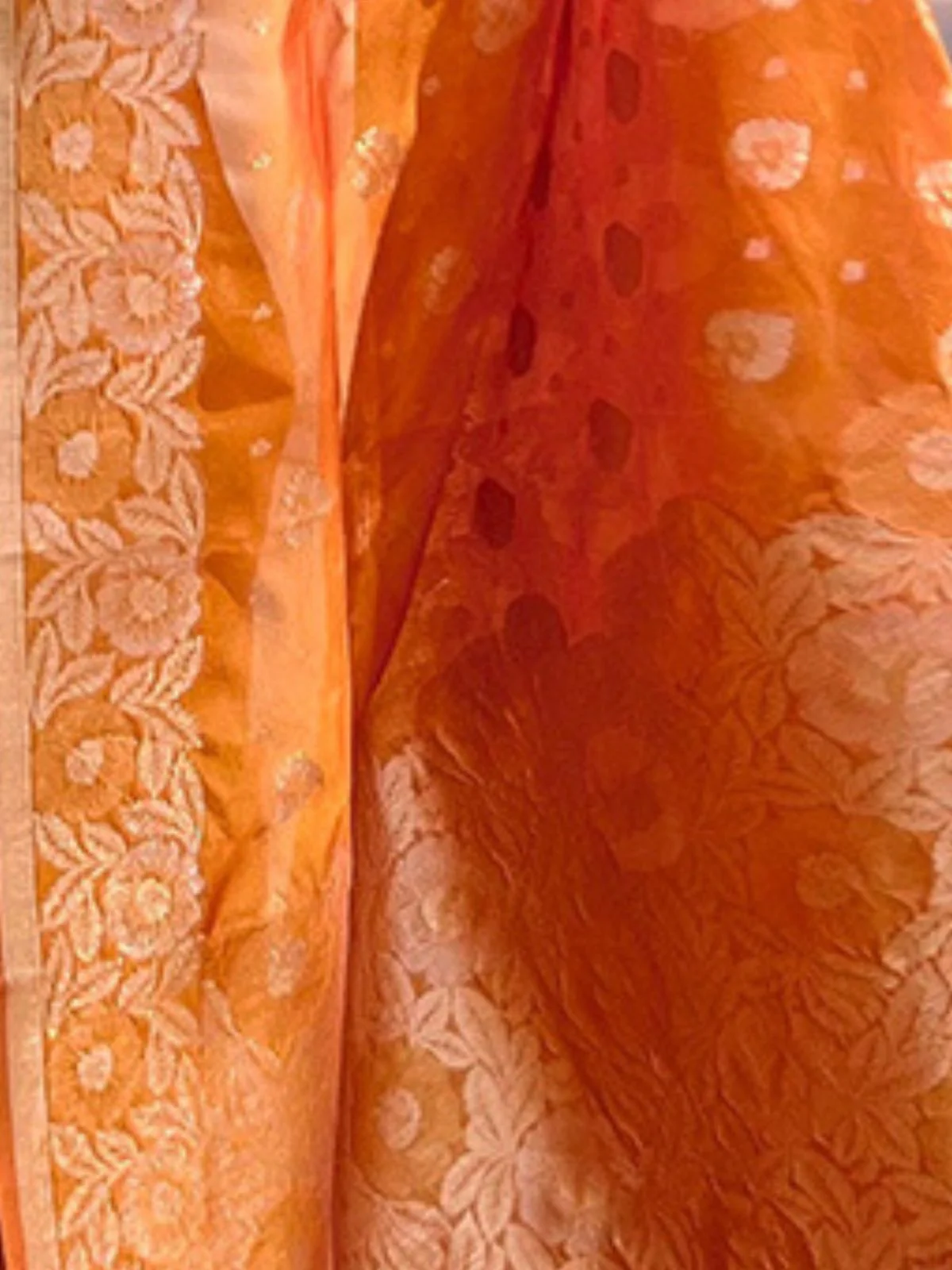 Odette Orange Woven Design Organza Saree With Unstitched Blouse For Women - Image 4