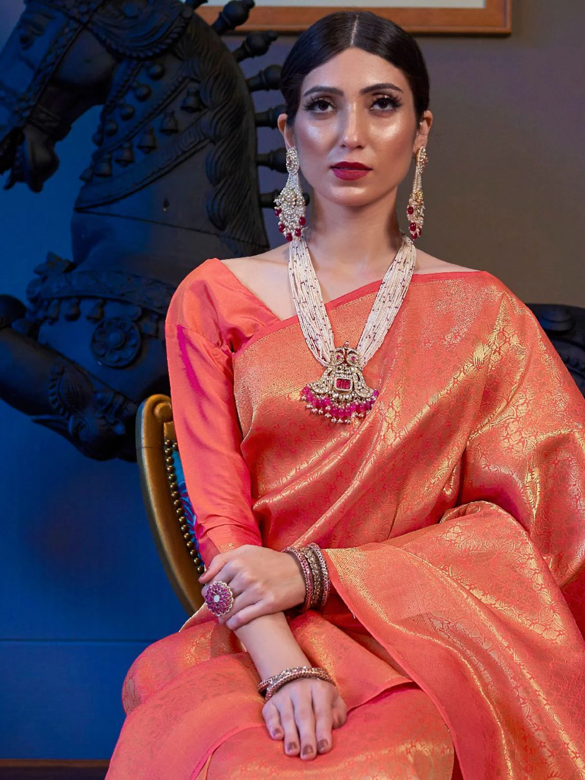 Odette Orange Woven Design Silk Blend Saree With Unstitched Blouse For Women - Image 2