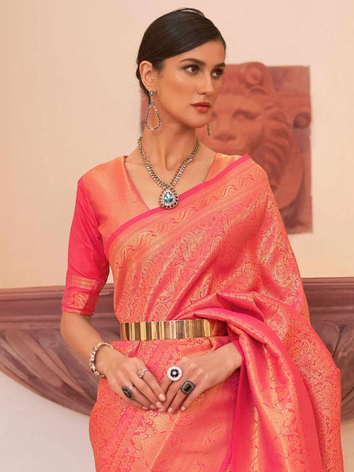 Odette Orange Woven Design Silk Blend Saree With Unstitched Blouse For Women - Image 2