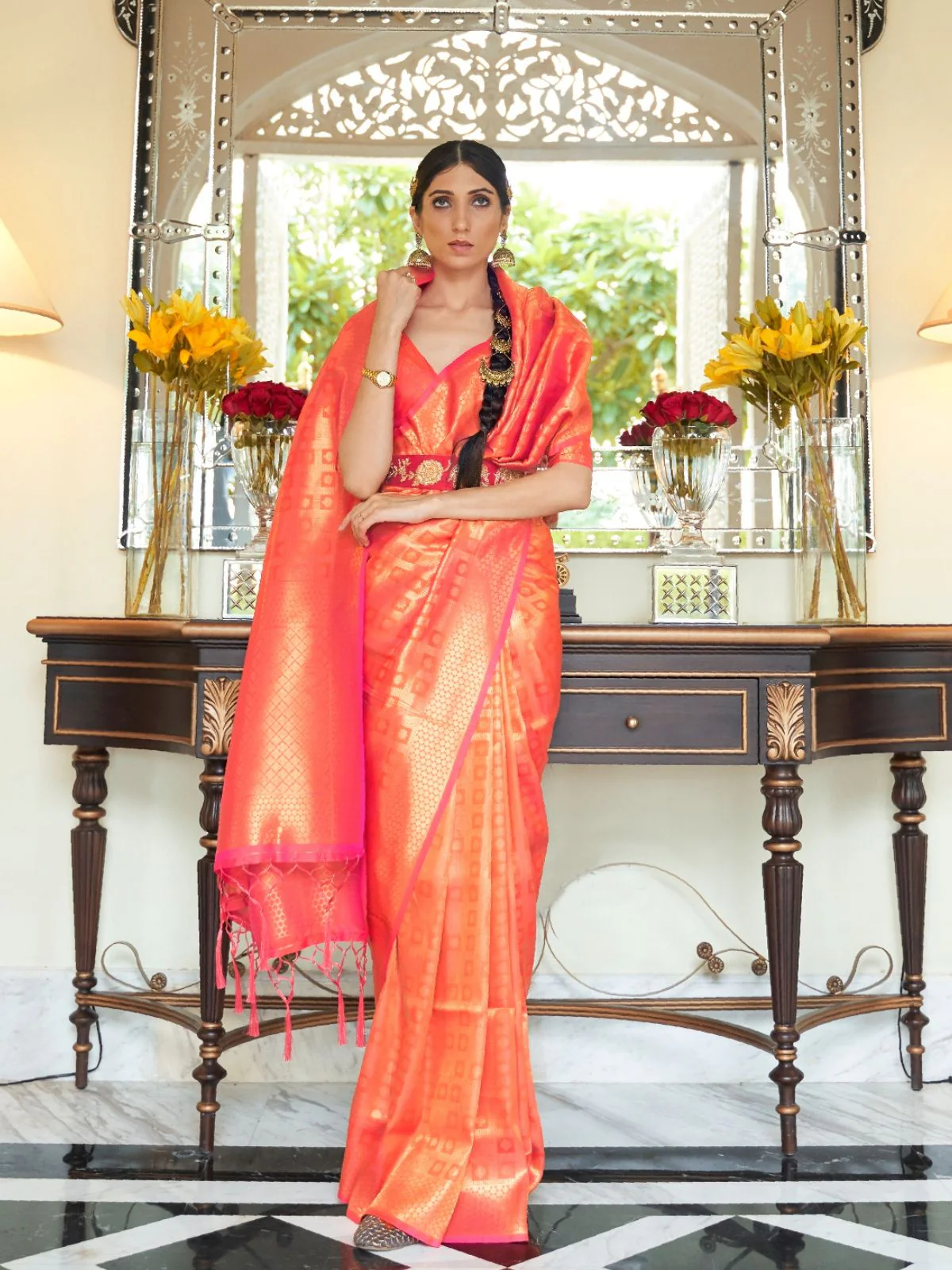 Odette Orange Woven Design Silk Blend Saree With Unstitched Blouse For Women - Image 2