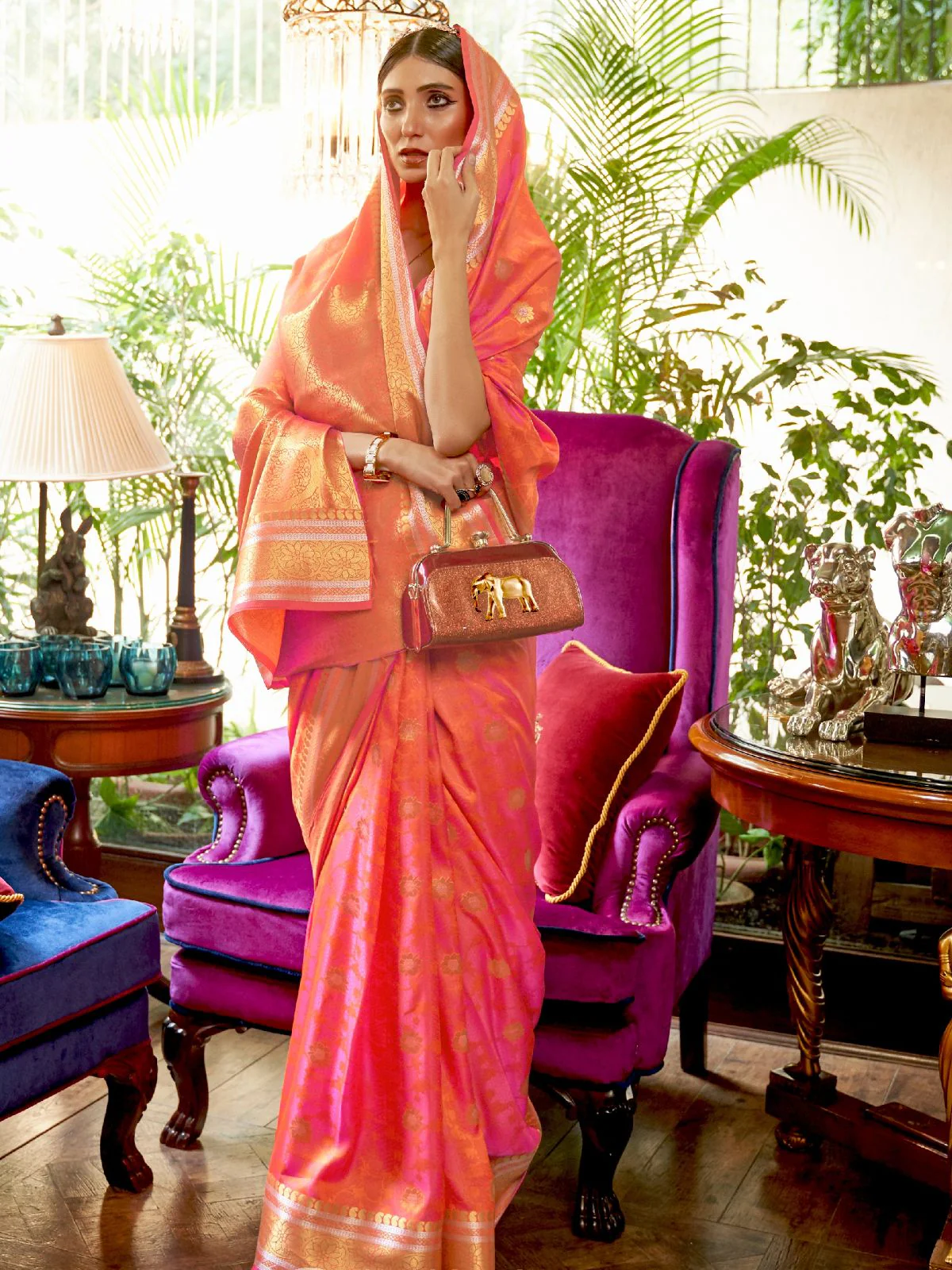 Odette Orange Woven Design Silk Blend Saree With Unstitched Blouse For Women - Image 2