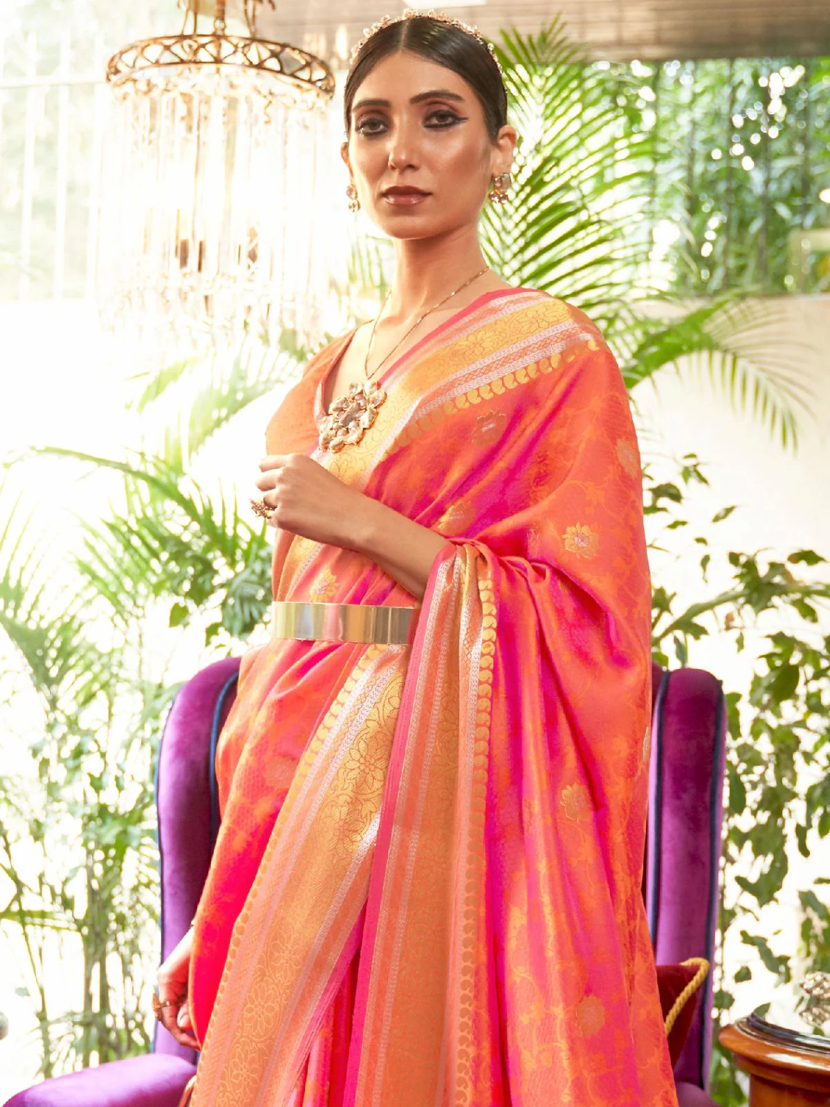 Odette Orange Woven Design Silk Blend Saree With Unstitched Blouse For Women - Image 3