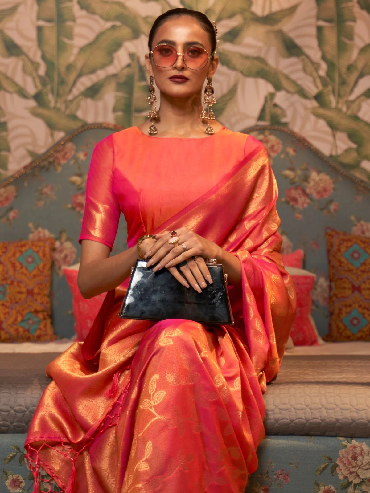 Odette Orange Woven Design Silk Blend Saree With Unstitched Blouse For Women - Image 2