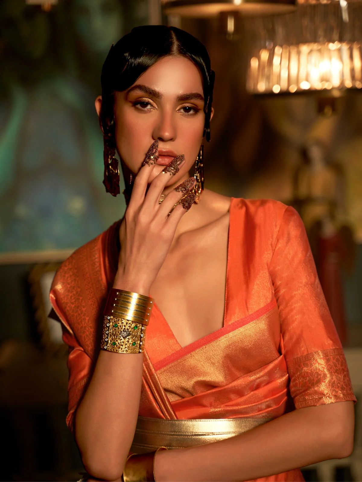 Odette Orange Woven Design Silk Blend Saree With Unstitched Blouse For Women - Image 2