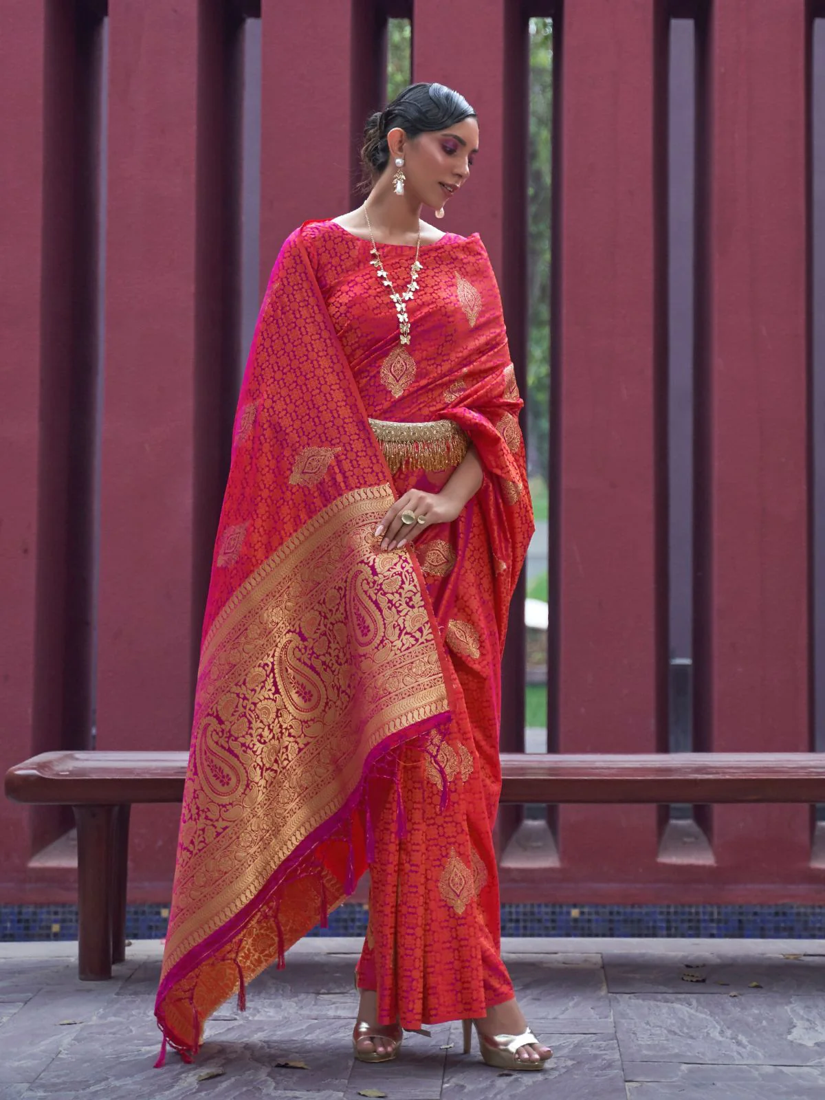 Odette Orange Woven Design Silk Blend Saree With Unstitched Blouse For Women - Image 2