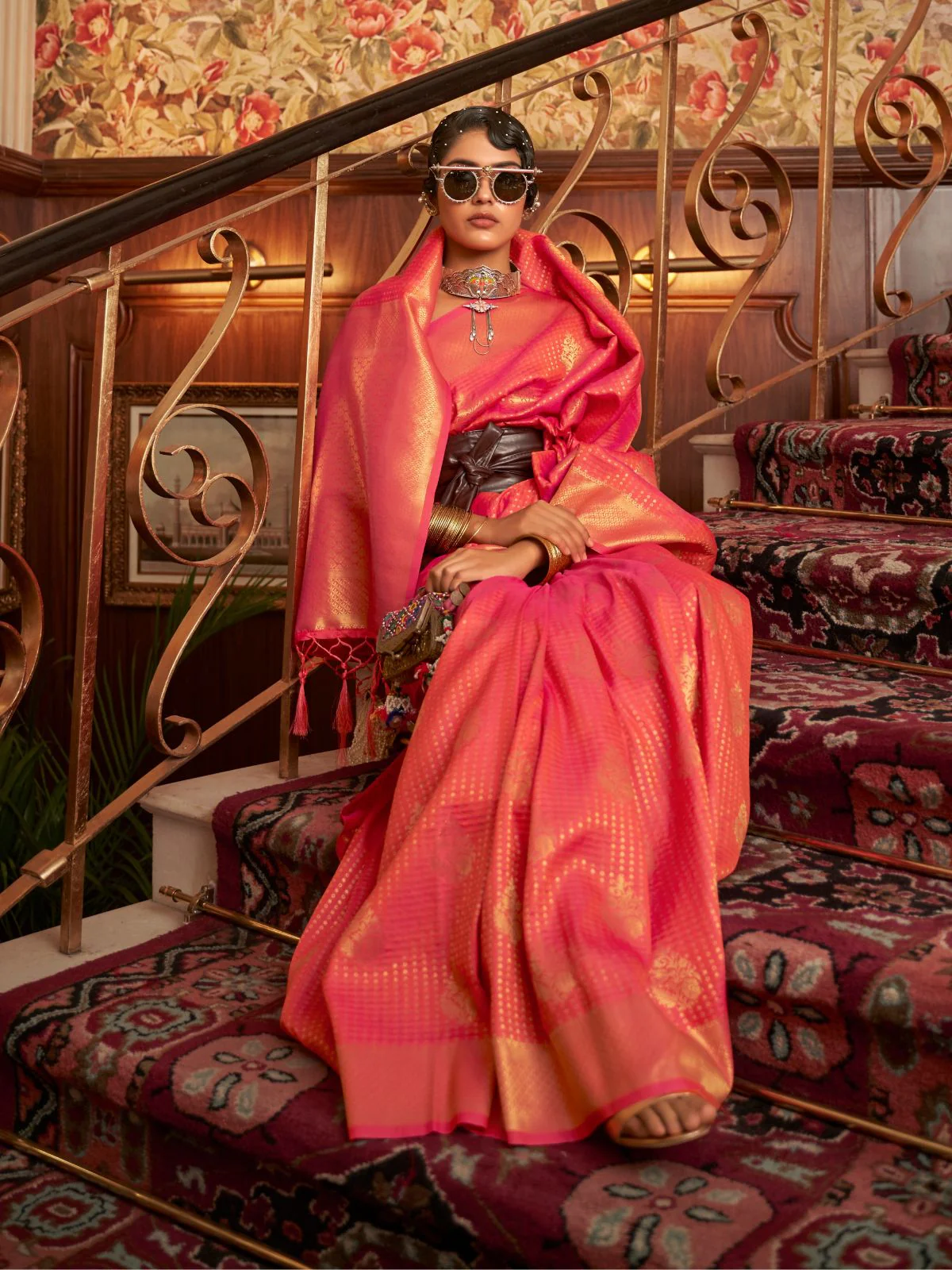 Odette Orange Woven Design Silk Blend Saree With Unstitched Blouse For Women - Image 2