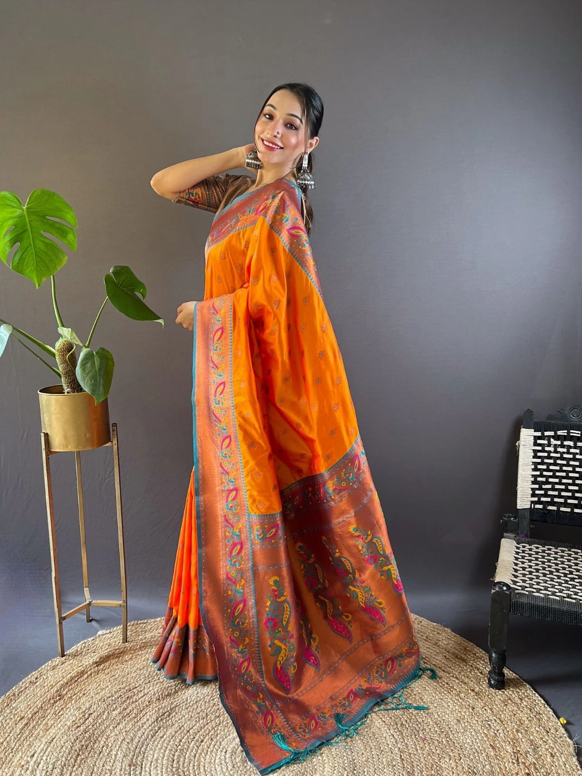 Odette Orange Woven Design Silk Blend Saree With Unstitched Blouse For Women - Image 2