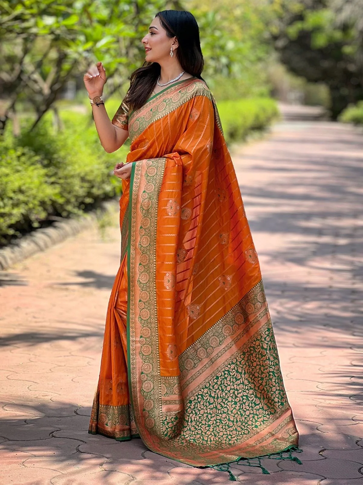 Odette Orange Woven Design Soft Silk Saree With Unstitched Blouse For Women - Image 2