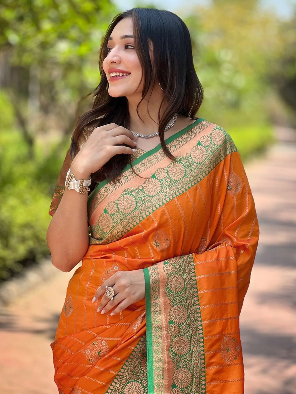 Odette Orange Woven Design Soft Silk Saree With Unstitched Blouse For Women - Image 3