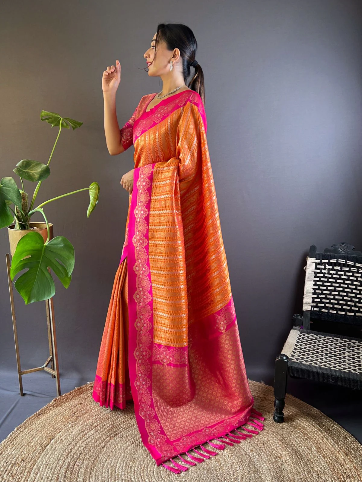 Odette Orange Woven Design Soft Silk Saree With Unstitched Blouse For Women - Image 2
