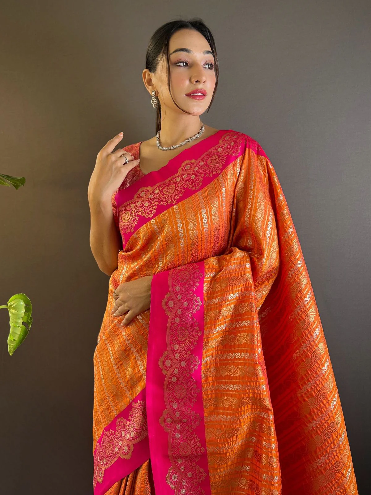 Odette Orange Woven Design Soft Silk Saree With Unstitched Blouse For Women - Image 3