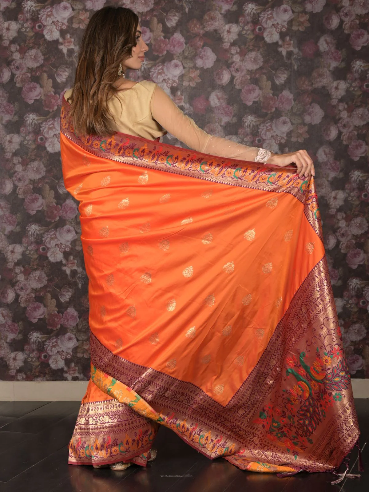 Odette Orange Woven Satin Saree With Unstitched Blouse For Women - Image 4