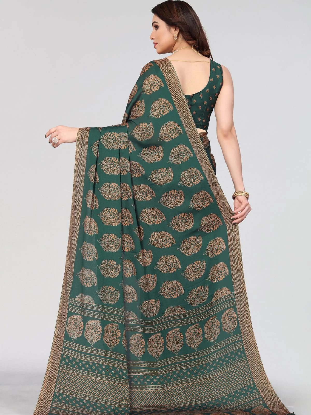 Odette Partywear Dark Green Printed Moss Chiffon Saree with Unstitched Blouse for Women - Image 3