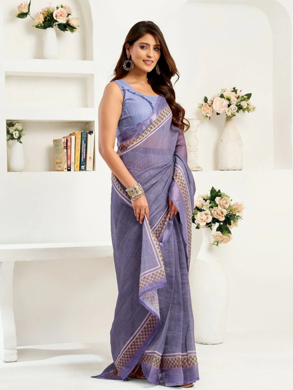 Odette Pastel Blue Cotton Linen Zari Work Saree For Women - Image 2