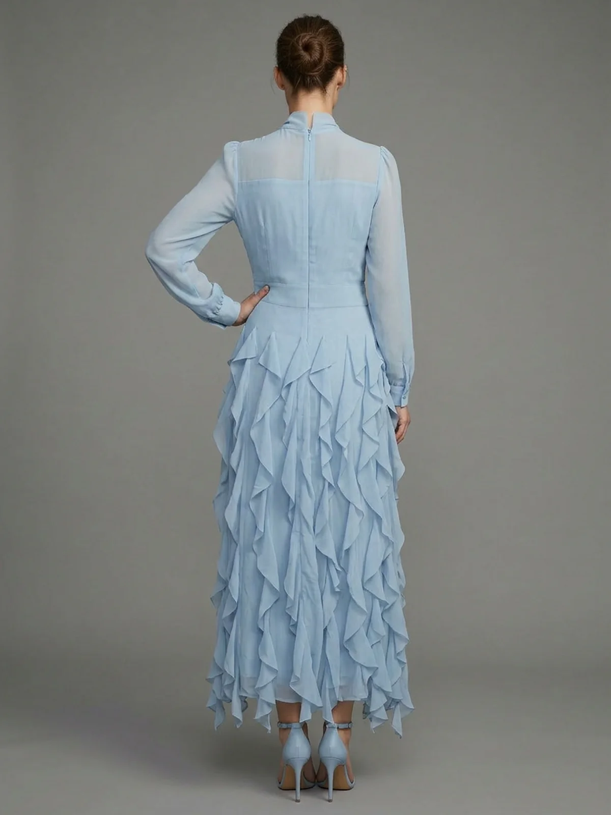 Odette Pastel Blue Georgette Plain Dresses For Women - Image 3