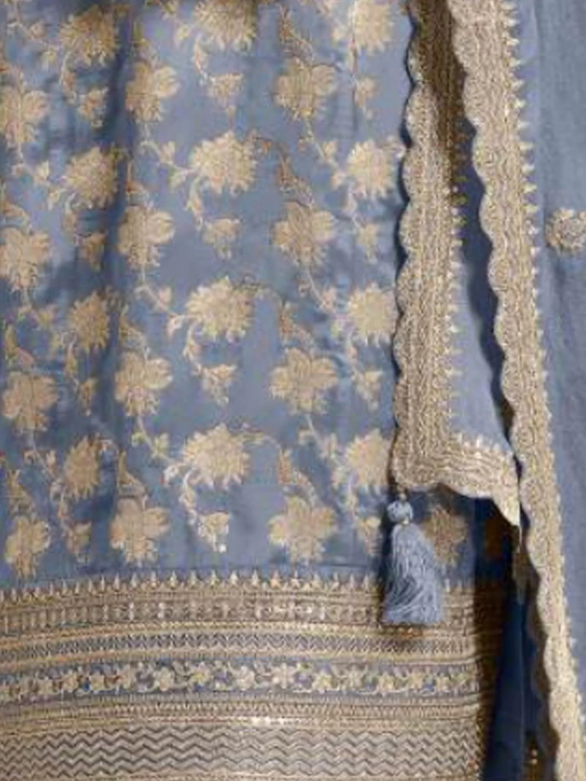 Odette Pastel Blue Jacquard Embroidered Semi Stitched Kurta Set For Women - Image 3