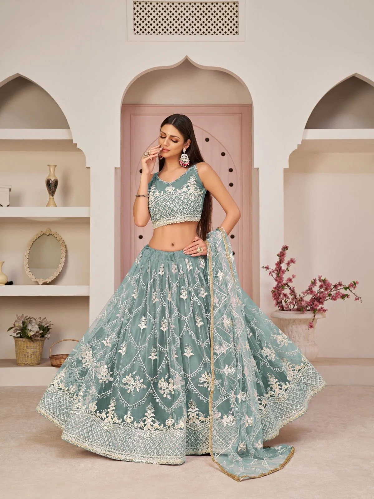 Odette Pastel Blue Net Embroidered Semi Stitched Lehenga For Women