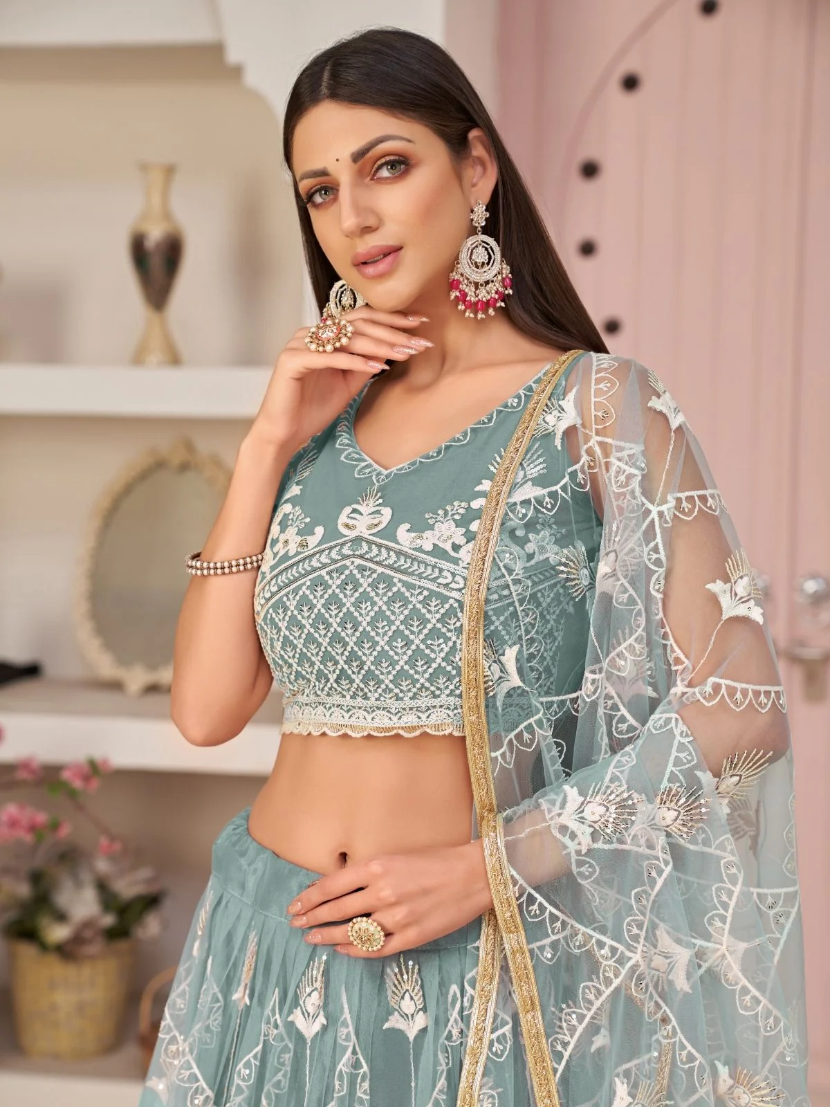 Odette Pastel Blue Net Embroidered Semi Stitched Lehenga For Women - Image 2