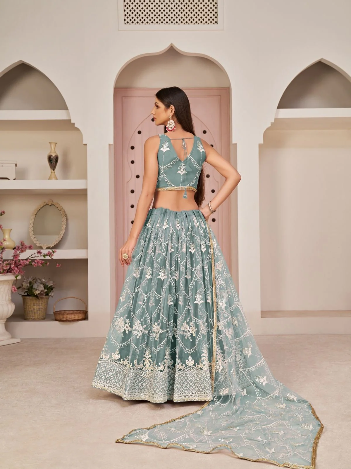 Odette Pastel Blue Net Embroidered Semi Stitched Lehenga For Women - Image 3
