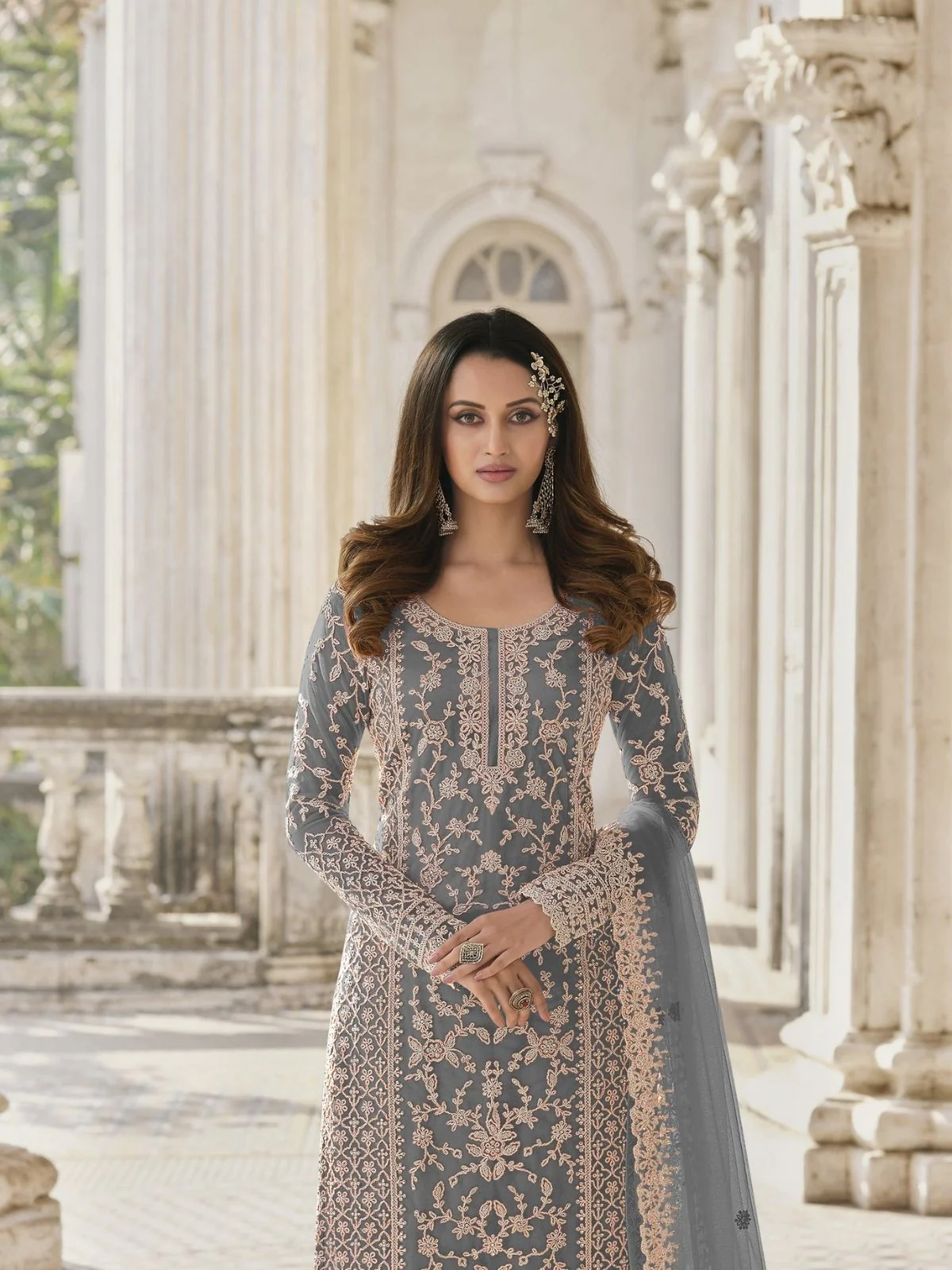 Odette Pastel Blue Silk Blend Embroidered Semi Stitched Kurta Set For Women - Image 2