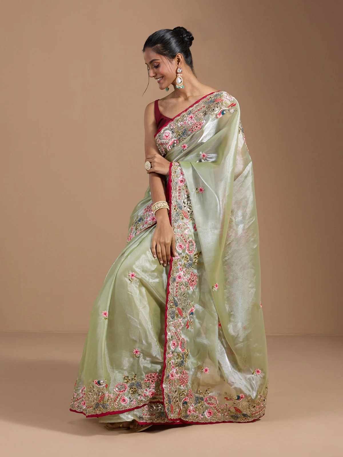 Odette Pastel Green Organza Embroidered Solid Saree For Women - Image 3