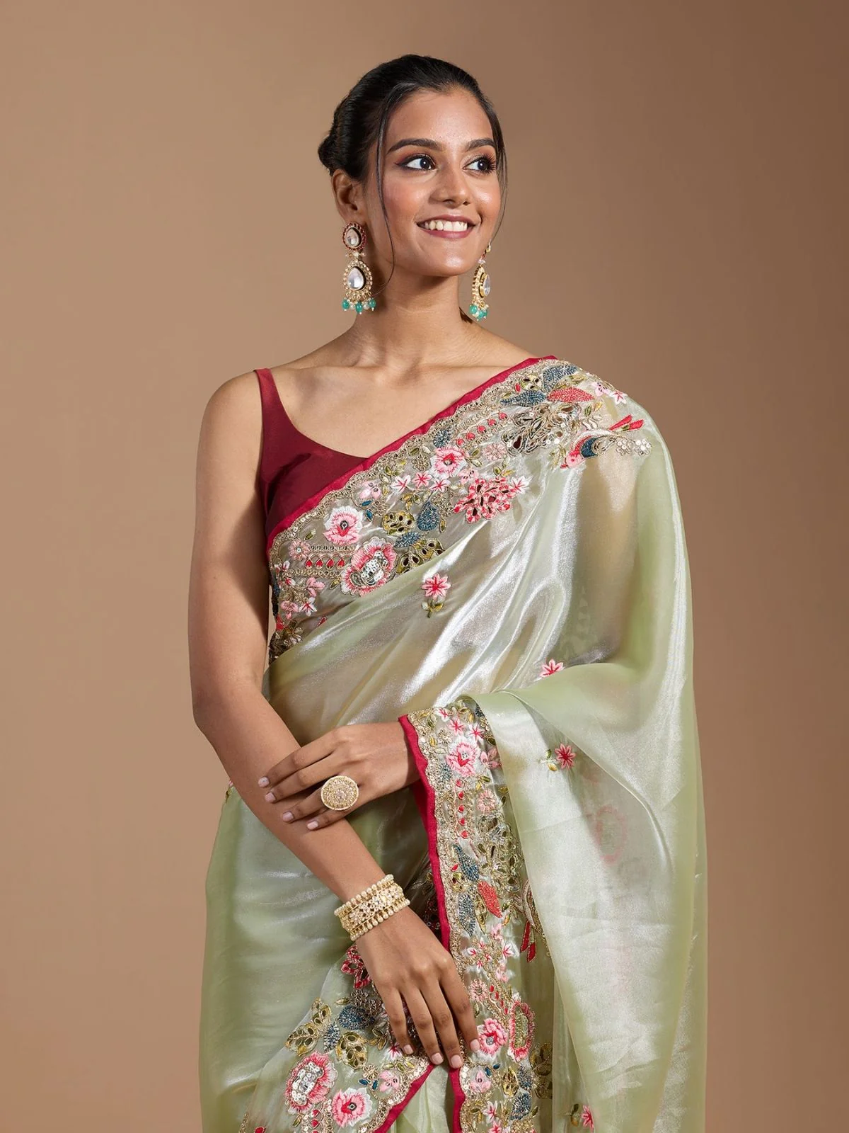Odette Pastel Green Organza Embroidered Solid Saree For Women - Image 4