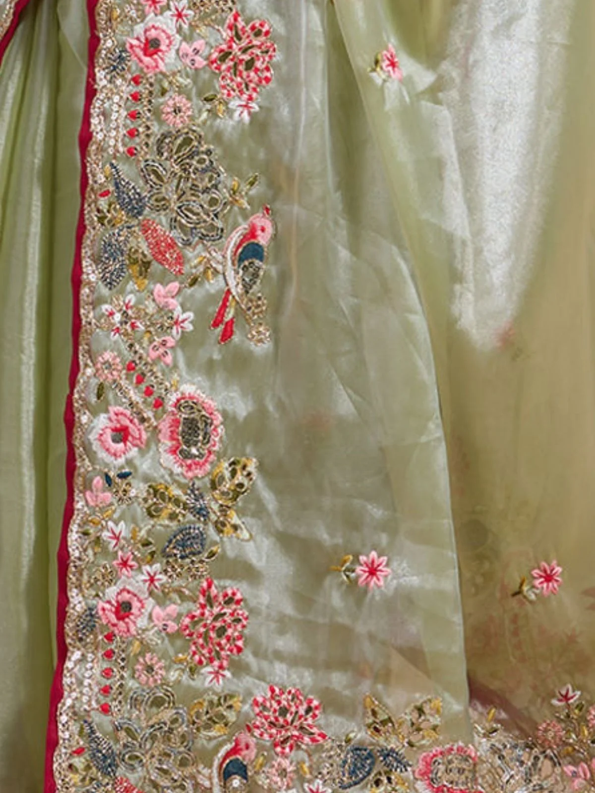 Odette Pastel Green Organza Embroidered Solid Saree For Women - Image 5