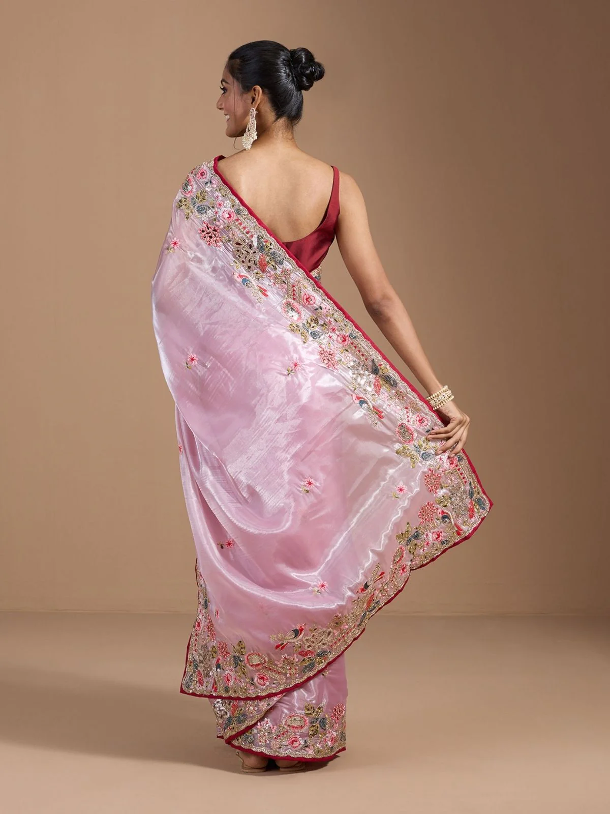 Odette Pastel Pink Organza Embroidered Solid Saree For Women - Image 2