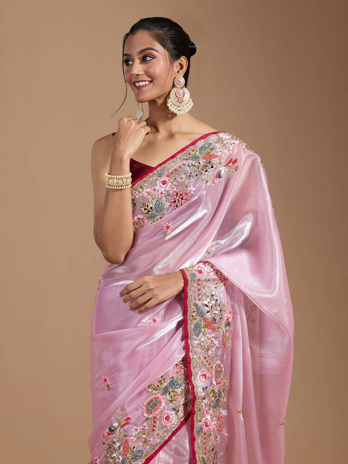 Odette Pastel Pink Organza Embroidered Solid Saree For Women - Image 4