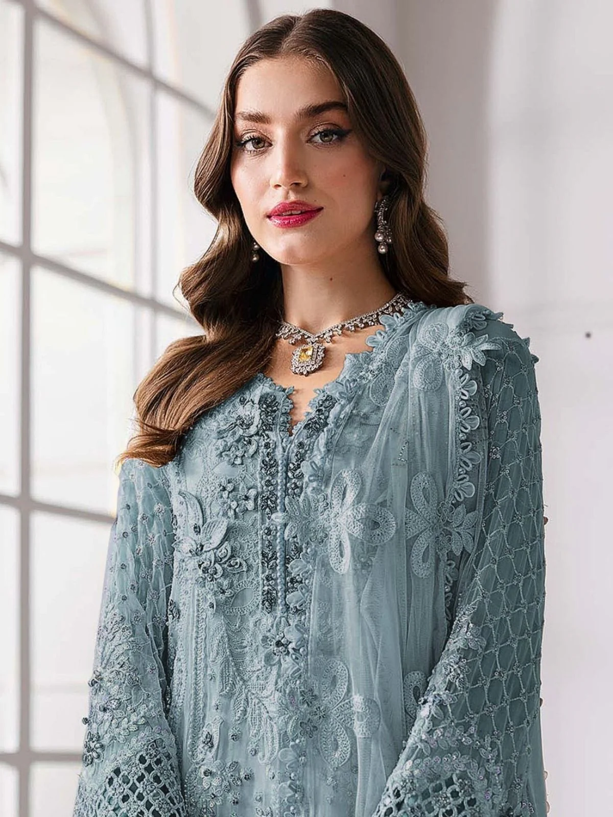 Odette Pastle Blue Georgette Embellished Semi Stitched Kurta Set For Women - Image 2