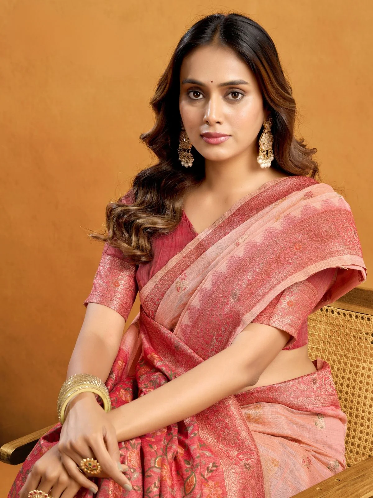 Odette Peach and Mauve Cotton Blend Woven Saree For Women - Image 5