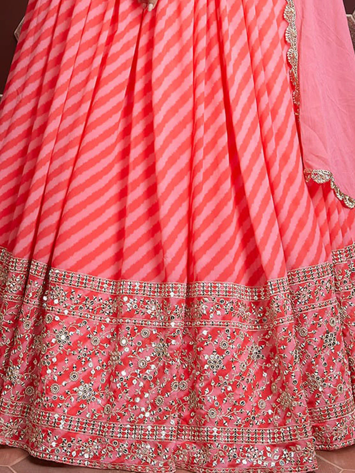 Odette Peach And Pink Organza Silk Embellished Semi Stitched Lehenga With Unstitched Blouse For Women - Image 3