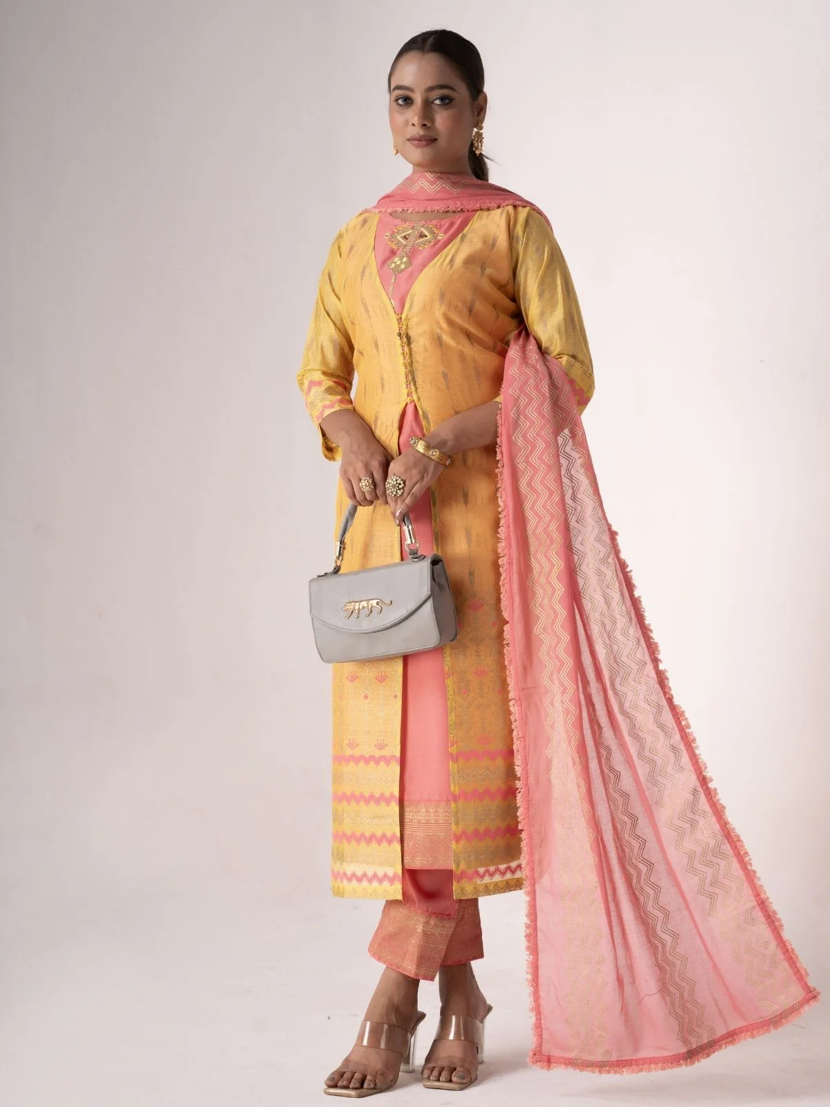 Odette Peach And Yellow Art Silk Printed And Embroidered Semi-Stitched Kurta Set For Women - Image 2