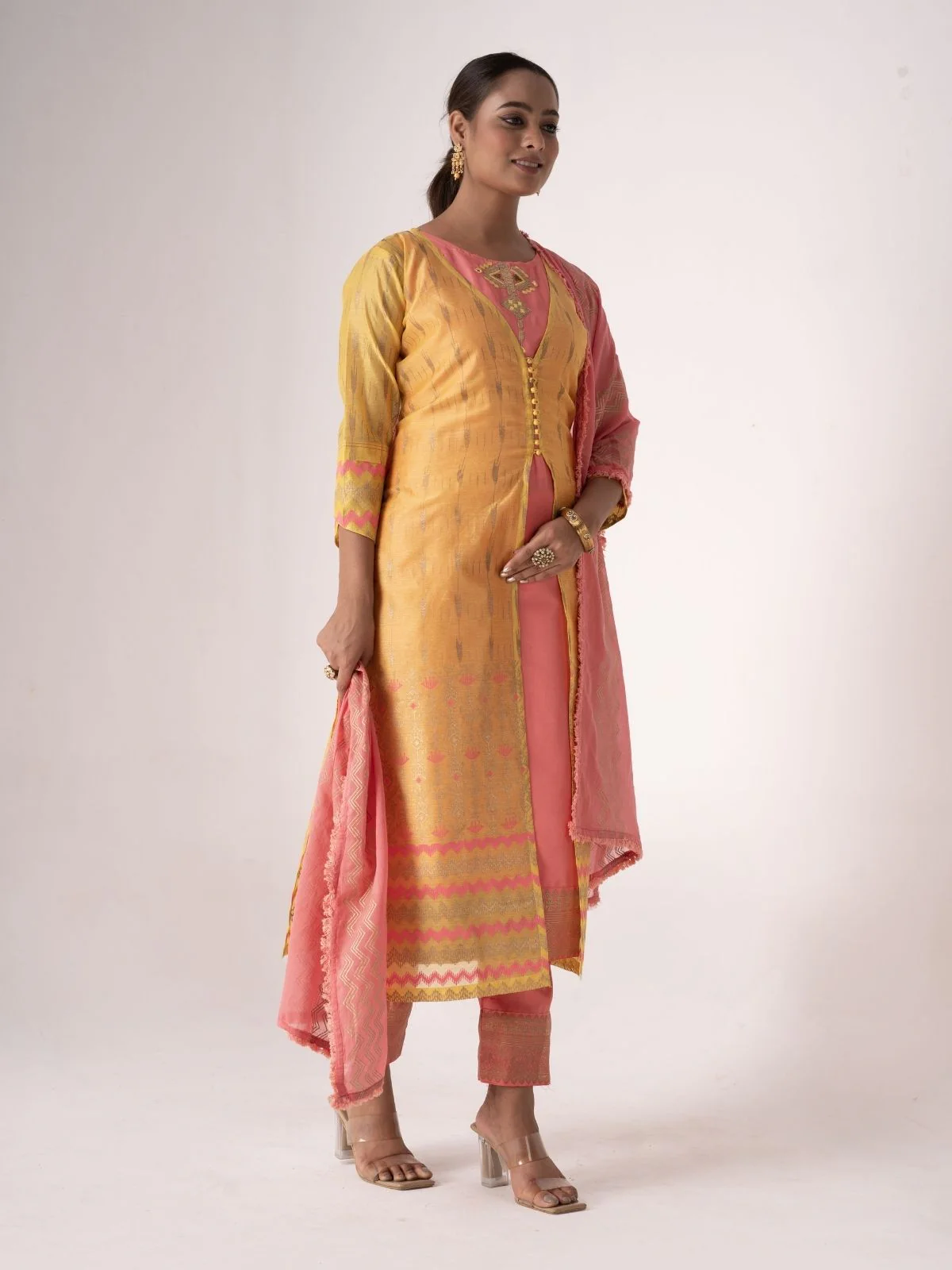 Odette Peach And Yellow Art Silk Printed And Embroidered Semi-Stitched Kurta Set For Women - Image 3