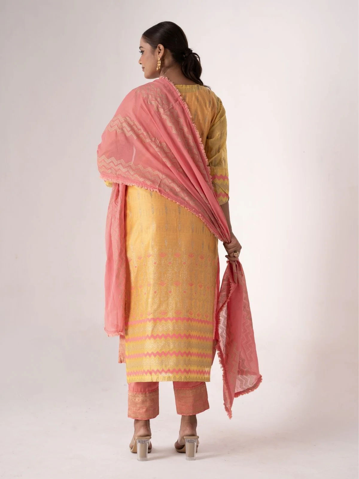 Odette Peach And Yellow Art Silk Printed And Embroidered Semi-Stitched Kurta Set For Women - Image 5