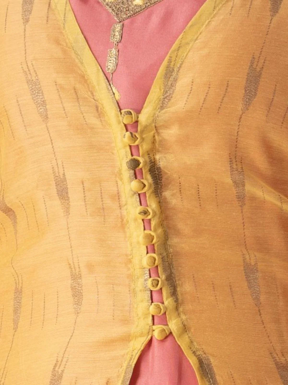 Odette Peach And Yellow Art Silk Printed And Embroidered Semi-Stitched Kurta Set For Women - Image 6