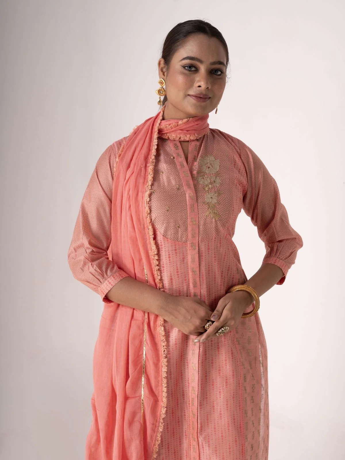 Odette Peach Art Silk Designer Embroidered Semi-Stitched Kurta Set For Women - Image 2