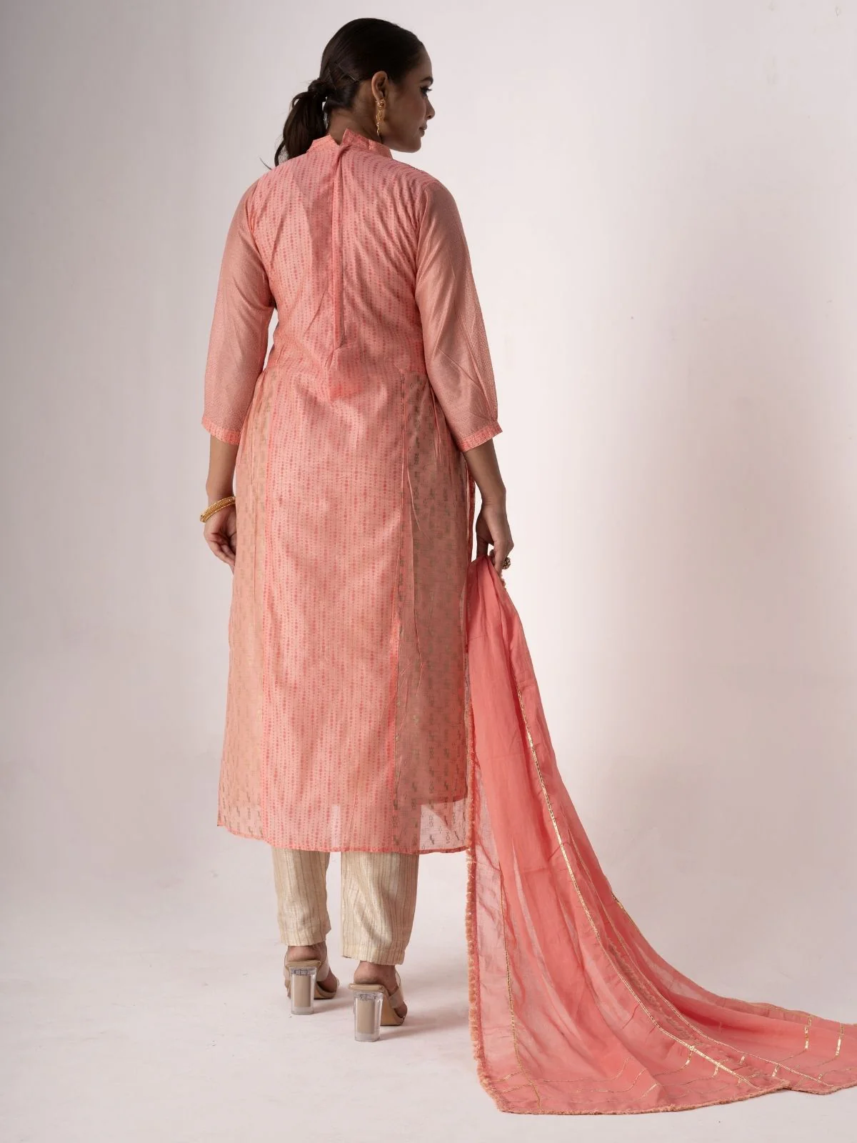 Odette Peach Art Silk Designer Embroidered Semi-Stitched Kurta Set For Women - Image 3