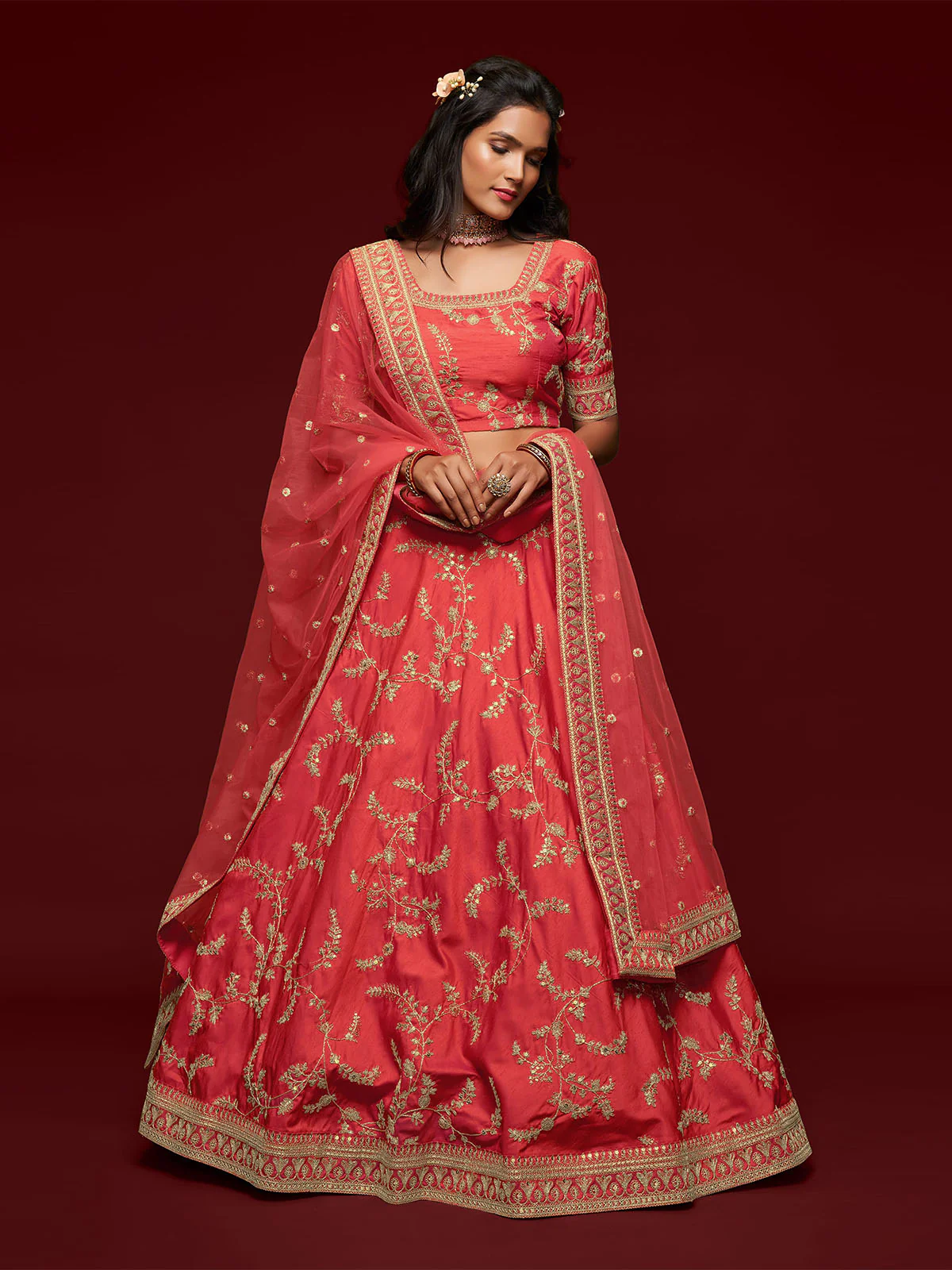 Odette Peach Art Silk Embroidered Semi Stitched Lehenga With Unstitched Blouse For Women - Image 2