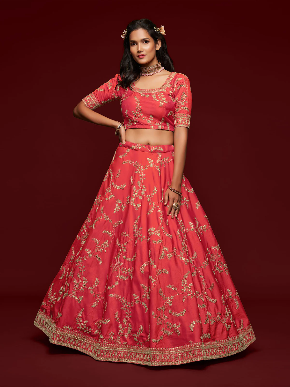 Odette Peach Art Silk Embroidered Semi Stitched Lehenga With Unstitched Blouse For Women - Image 4