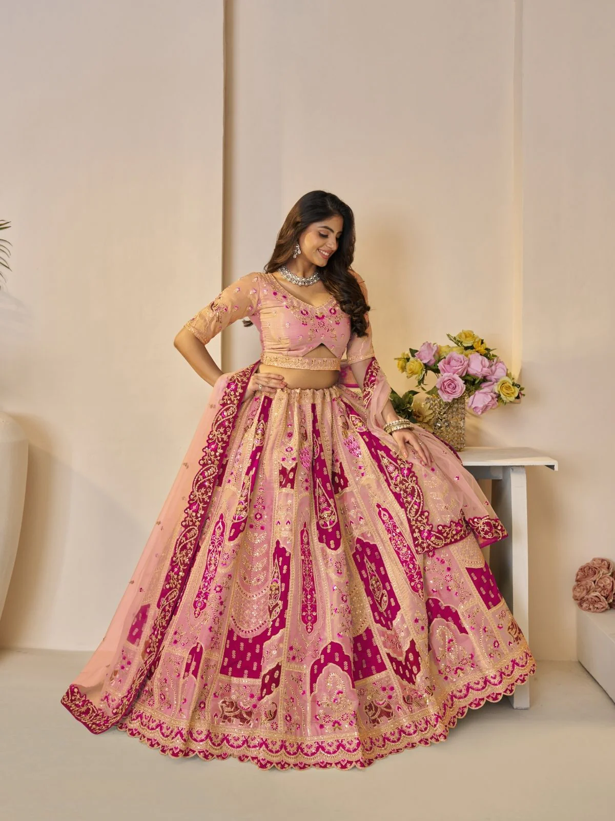 Odette Peach Banarasi Silk Embroidered Semi-Stitched Lehenga For Women - Image 2