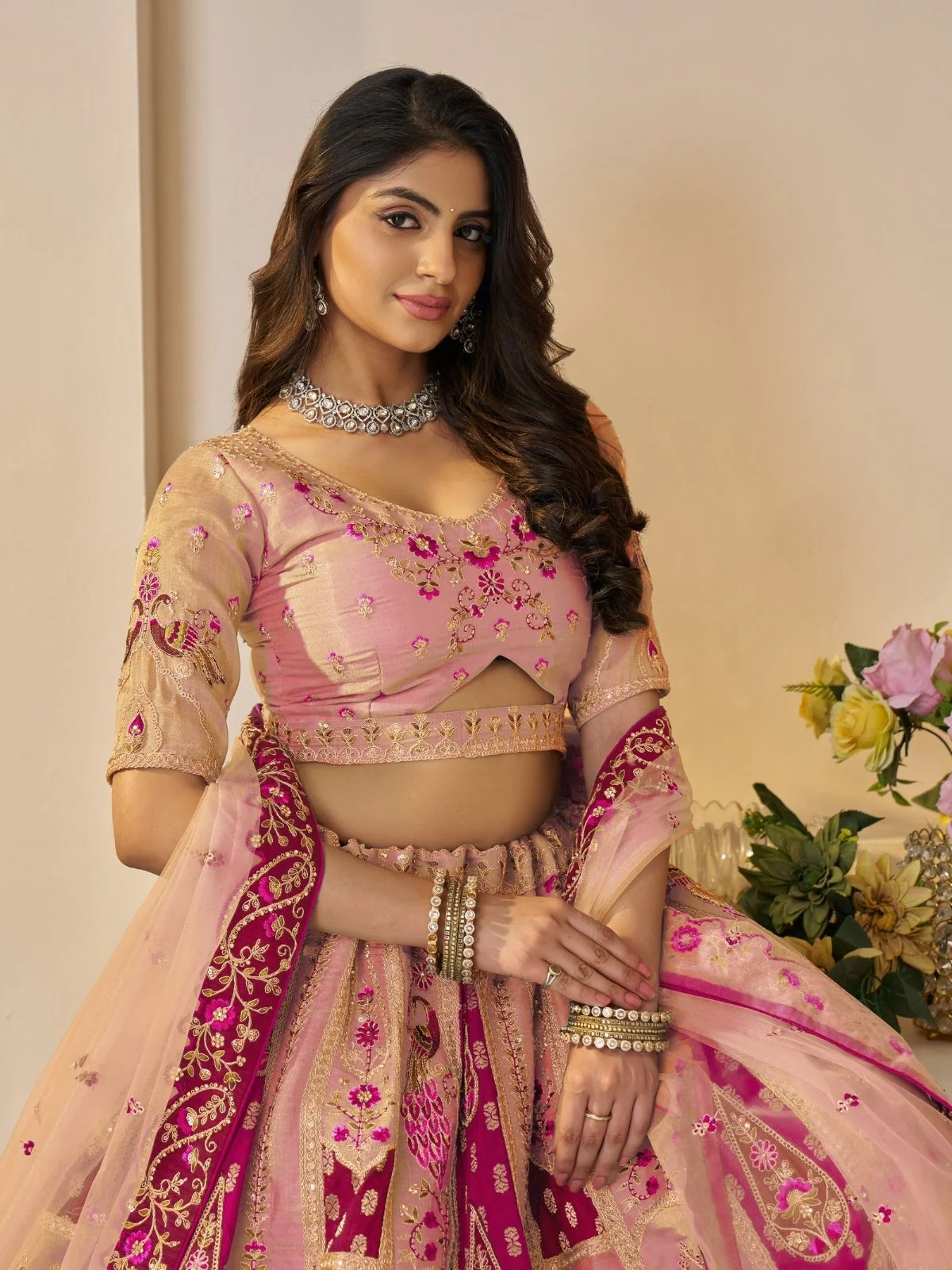 Odette Peach Banarasi Silk Embroidered Semi-Stitched Lehenga For Women - Image 3