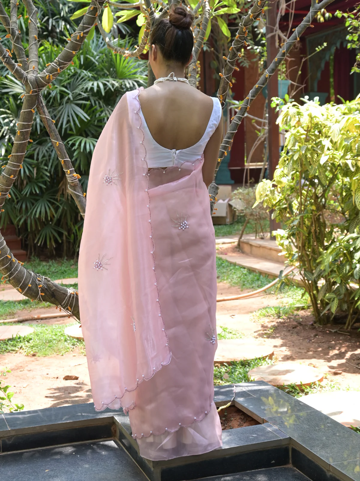 Odette Peach Beads Embroidered Khadi Organza Saree with Unstitched Blouse for Women - Image 3