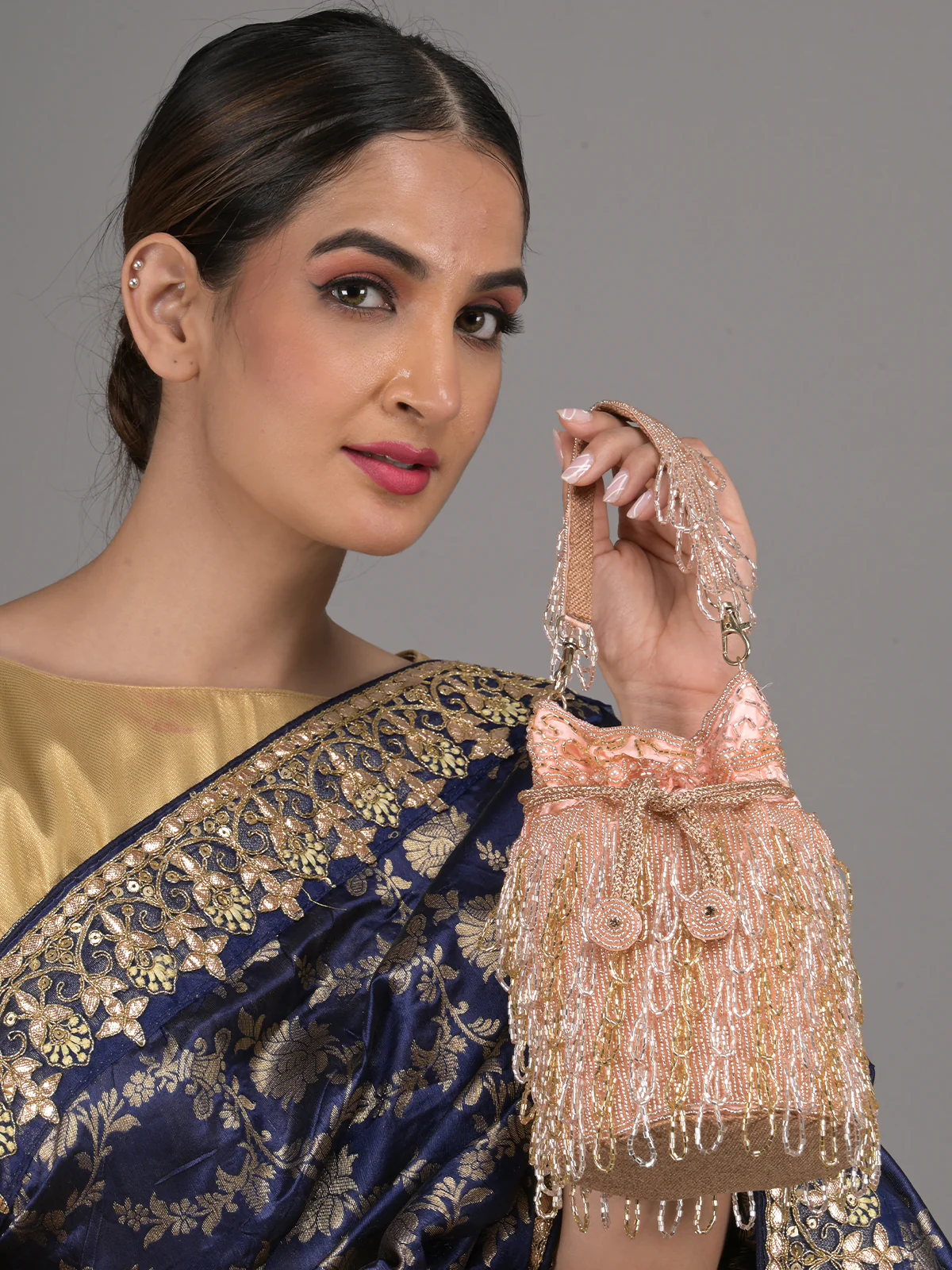 Odette Peach Beads Embroidered Tassels Potli Bag for Women