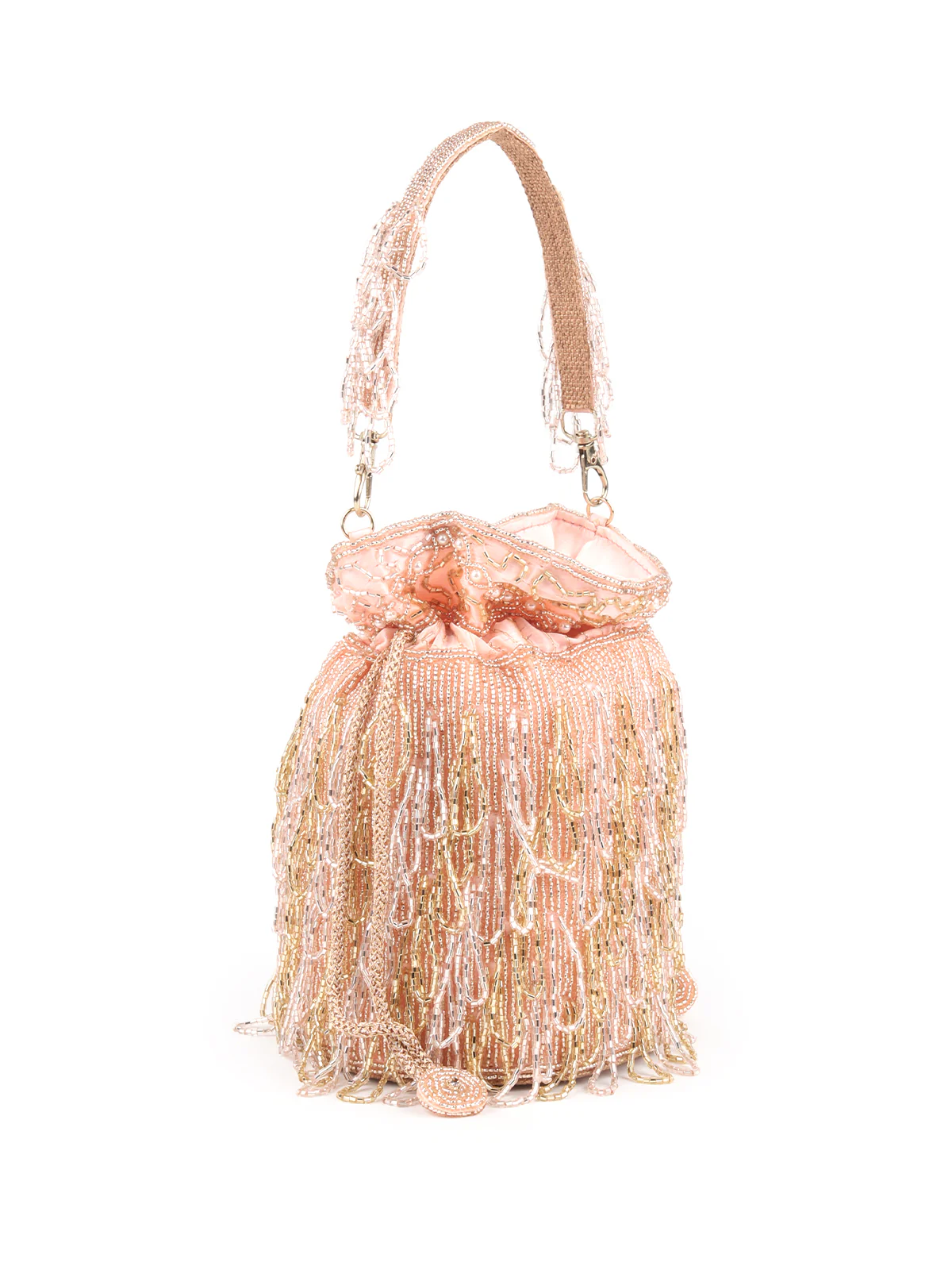 Odette Peach Beads Embroidered Tassels Potli Bag for Women - Image 4