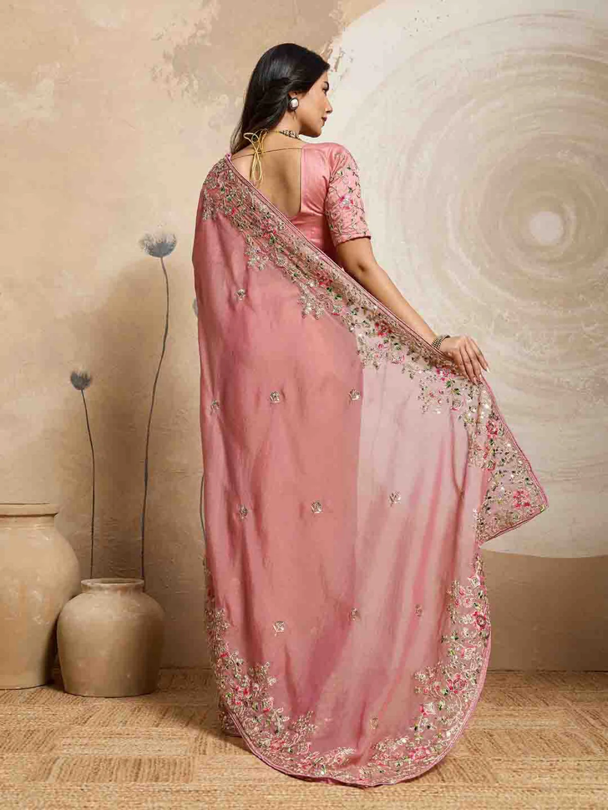Odette Peach Chiffon Embroidered Saree For Women - Image 3