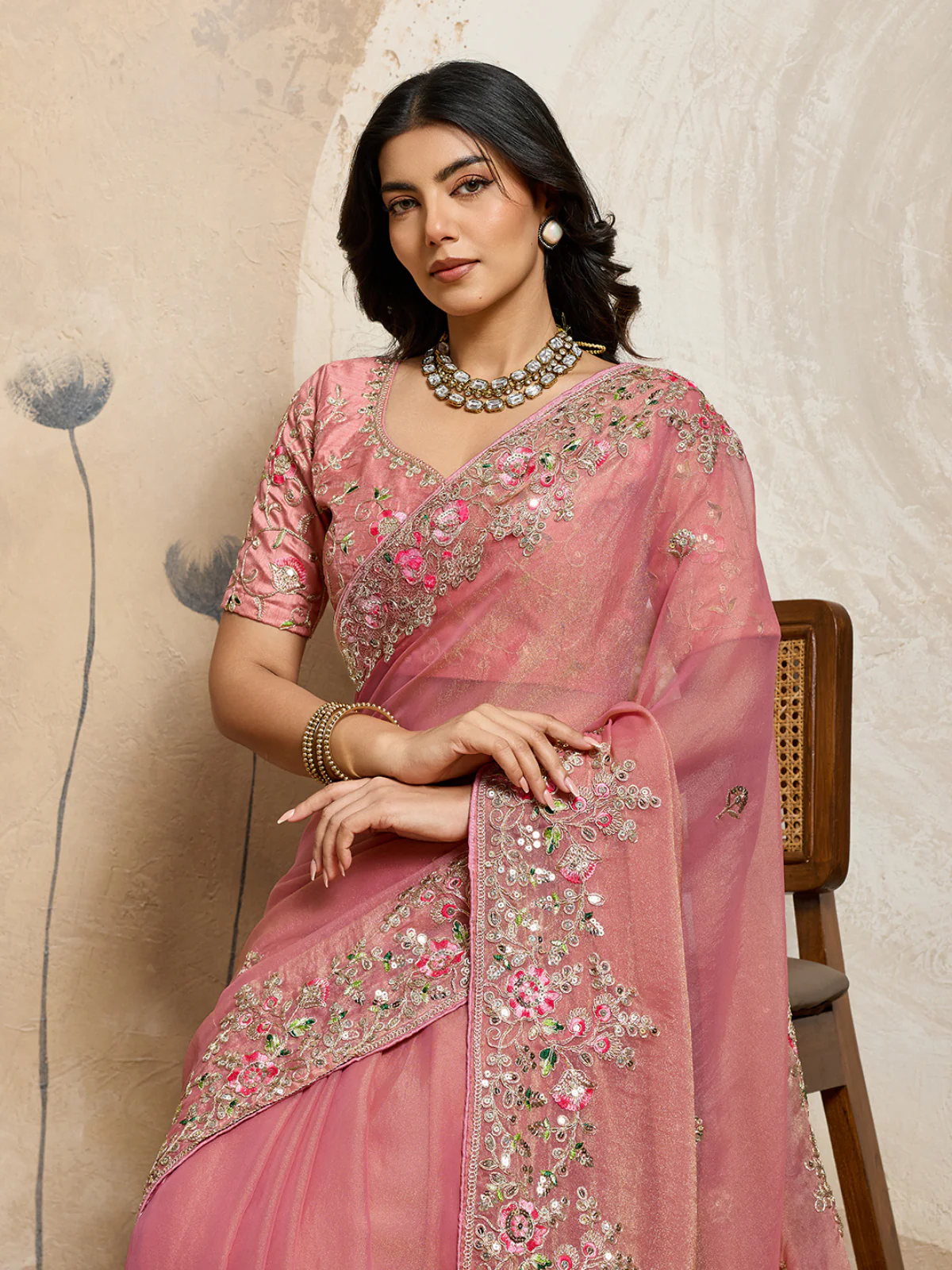Odette Peach Chiffon Embroidered Saree For Women - Image 4