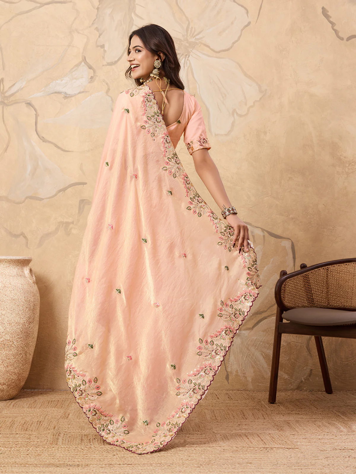 Odette Peach Chiffon Embroidered Saree For Women - Image 3