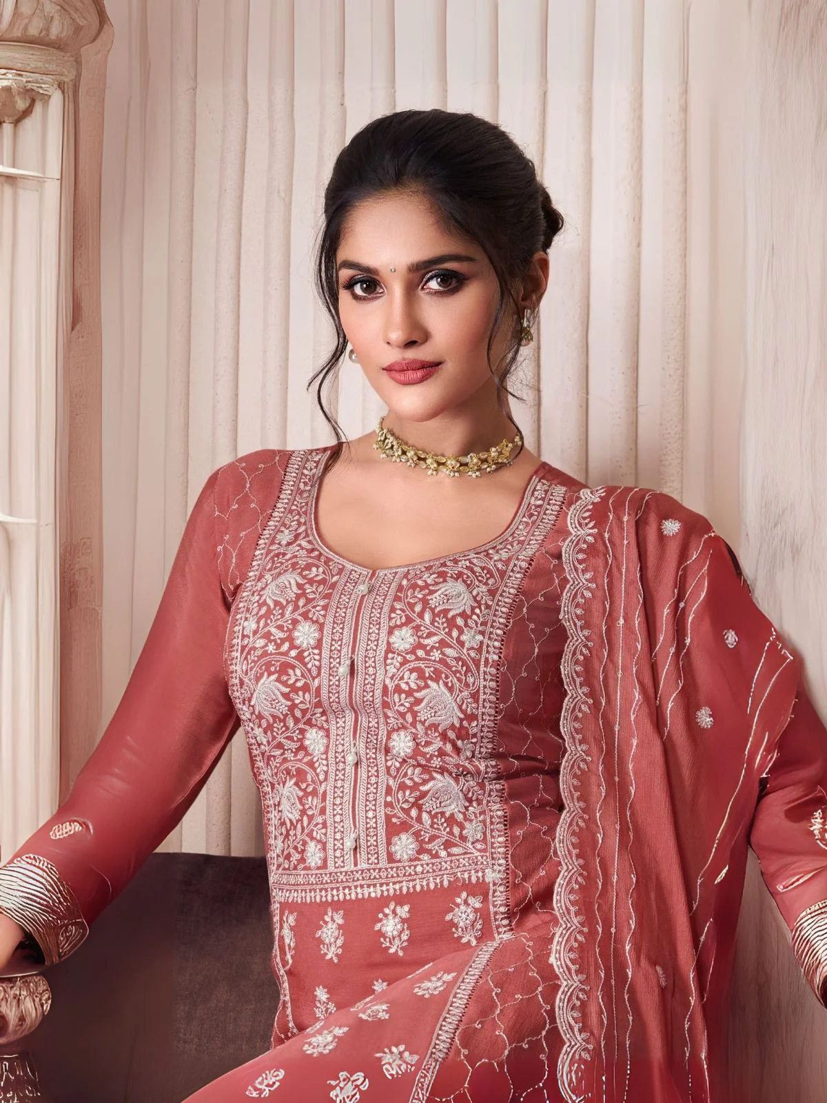 Odette Peach Chiffon Embroidered Semi Stitched Kurta Set For Women - Image 2